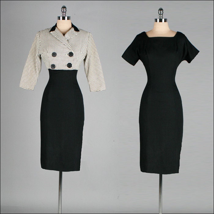 Vintage 1950s Dress . Black Linen .  Houndstooth Jacket . Bolero . Suit . S . 2064