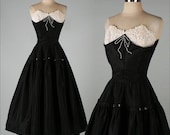vintage 1950s dress . EMMA DOMB . black taffeta . pearl bow . 3168