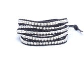 Black Leather Five Wrap Bracelet Silver Nugget Bracelet Rock and Roll Style
