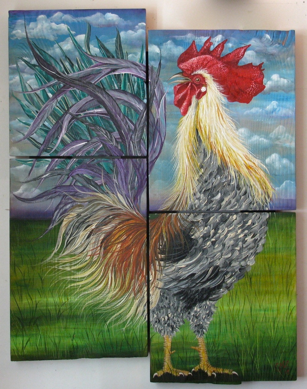 Rooster original acrylic  painting on reclaimed rustic solid wood board