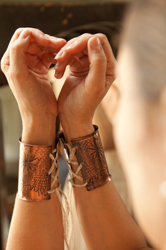 Pair of Antique Lace Embossed Copper Cuff Bracelet with Corset Lacing