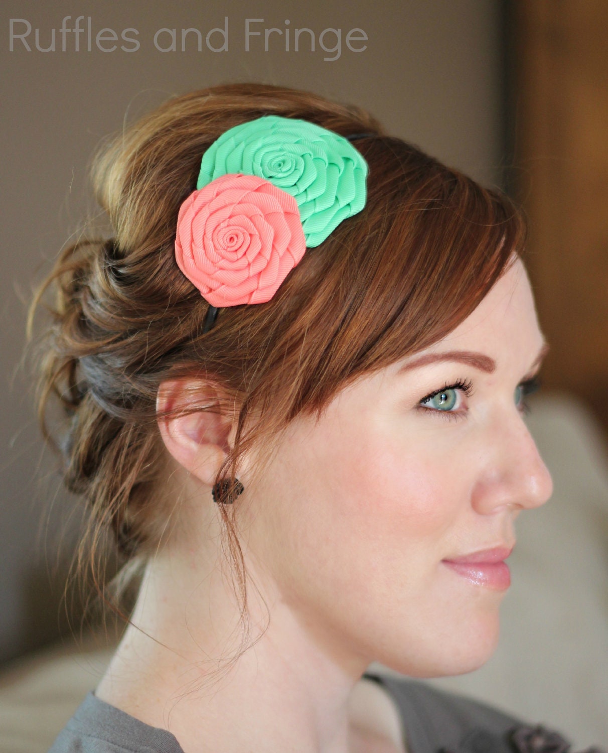 Mint and Coral Double Rose Headband for Women and Teens