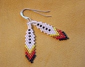 White Feather Hand Beaded Earrings Short Dangle Southwestern Native American Inspired Sterling Silver Embellishment Handmade