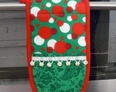 LAST ONE Pot Holder Oven Mitt bright red and green with white fluffy pom poms