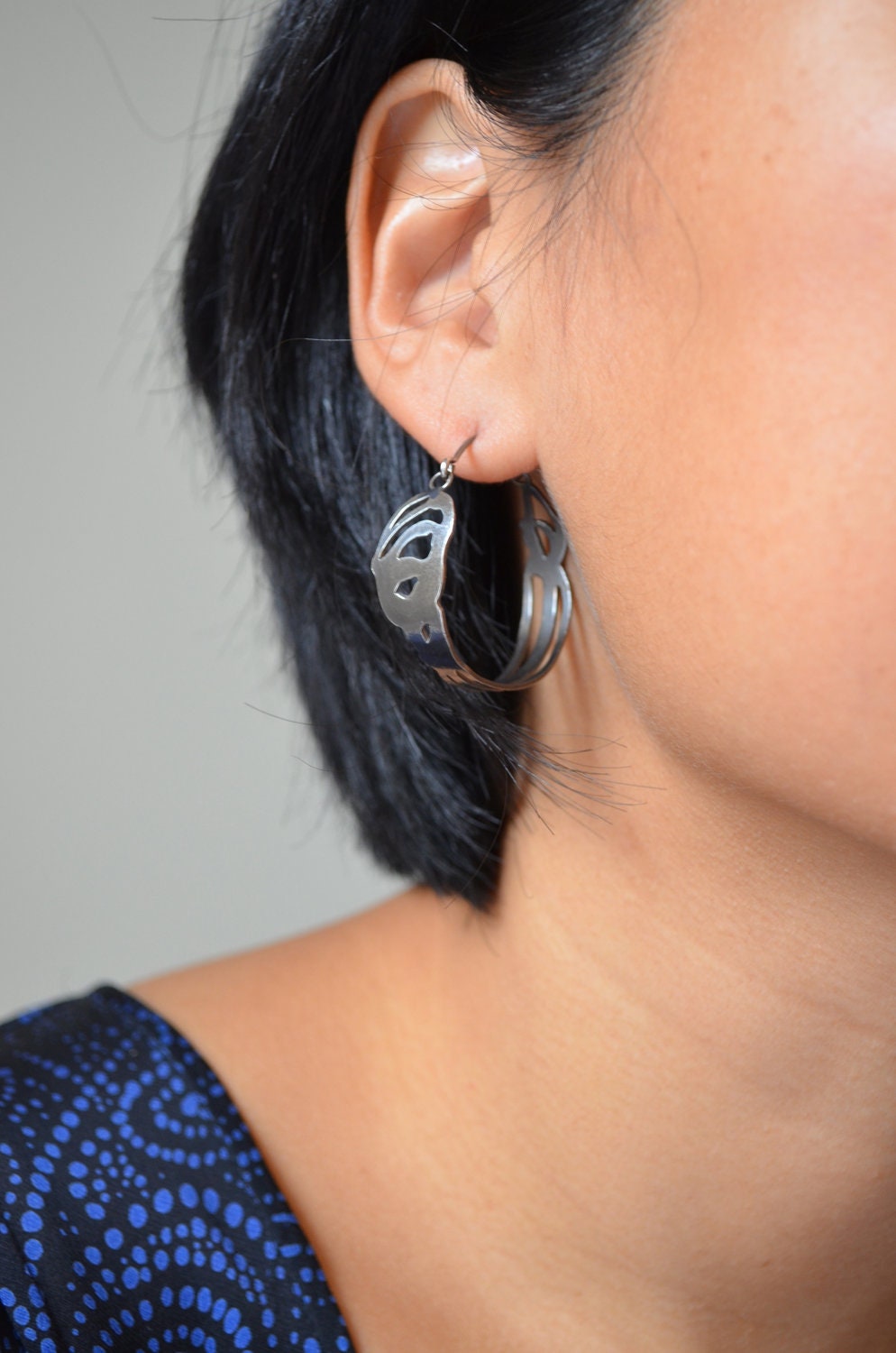 Abstract oxidized sterling silver large hoops