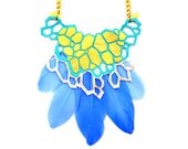 Leather Statement Necklace Geometric Metallic Hexagons and Feathers Statement Jewelry