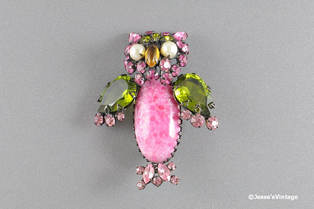 Signed Schreiner Owl Brooch Figural Pin New York 1960s
