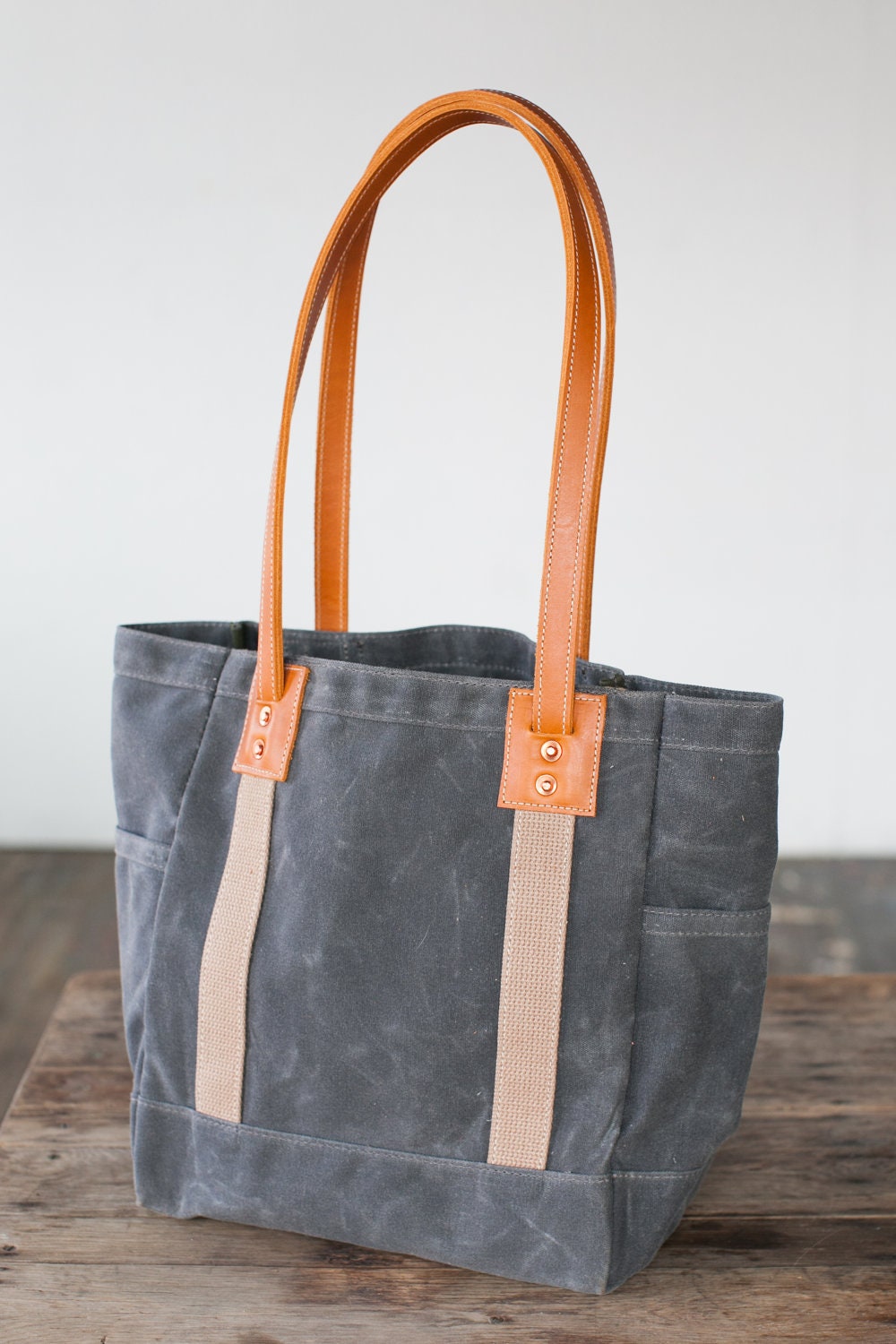 No. 115 Carry Tote in Slate Waxed Canvas & Saddle Horween Leather