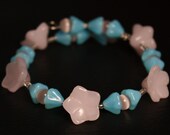 Pink Blue Flowers, Handmade, Beaded Bracelet, Memory Wire Bracelet, Beaded Earrings, Jewelry Set, One Size Fits Most