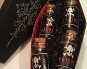 Apothecary Labeled Poison Bottles set of 4 with coffin gift box