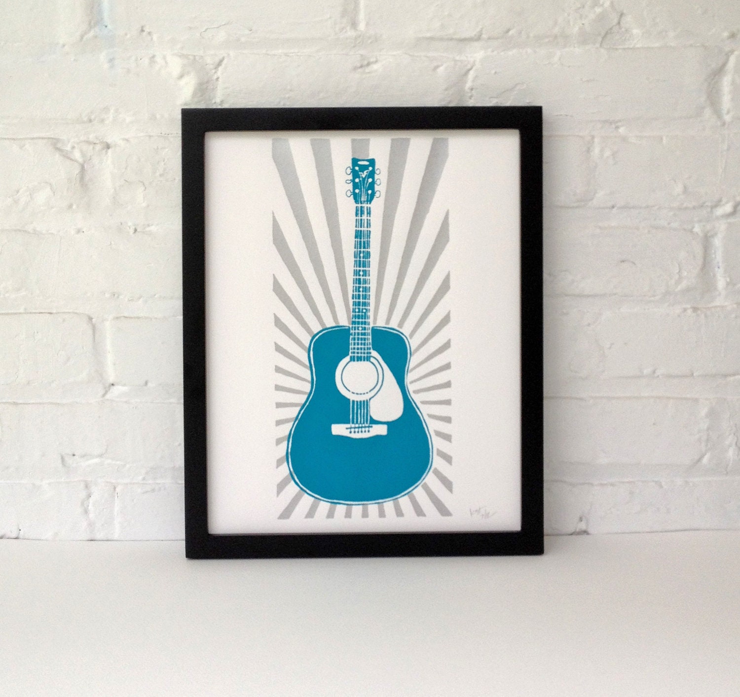 Guitar Starburst Screen Printed Poster 11 x 14, Blue and Silver