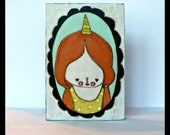 Birthday Party heart girl folk art painting mixed media bees wax encaustic acrylic original 4x6 inches