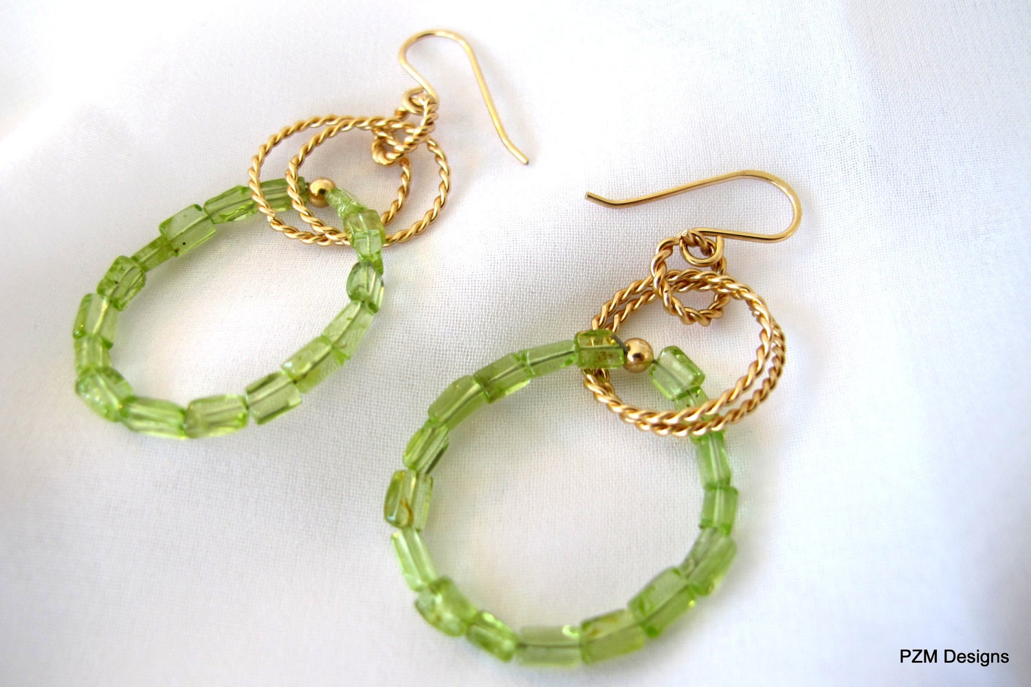 Gemstone hoop earrings, green peridot dangle earrings, gold fill fine jewelry, gift under 50