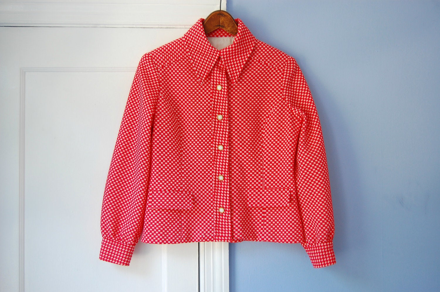Vintage Mod Jacket Red White Checkered Geometric 60s Blazer Lined Short Jacket Graphic Check Blazer Small Medium