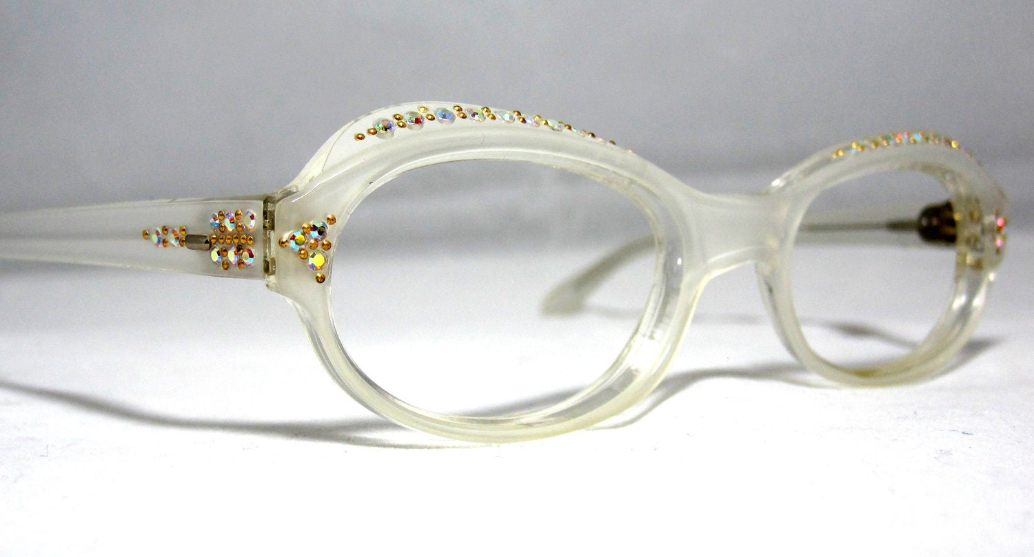 Vintage 50s Cat Eye Glasses. Pearl White with Rhinestones.
