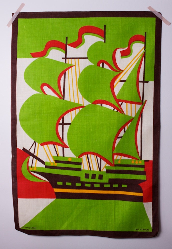 Vintage Linen Tea Towel Mid Century Green Nautical