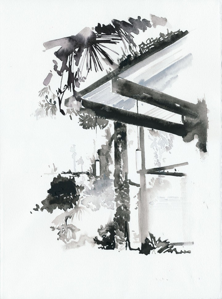 Original Watercolor Painting, Mid-Century Architecture. Lamps