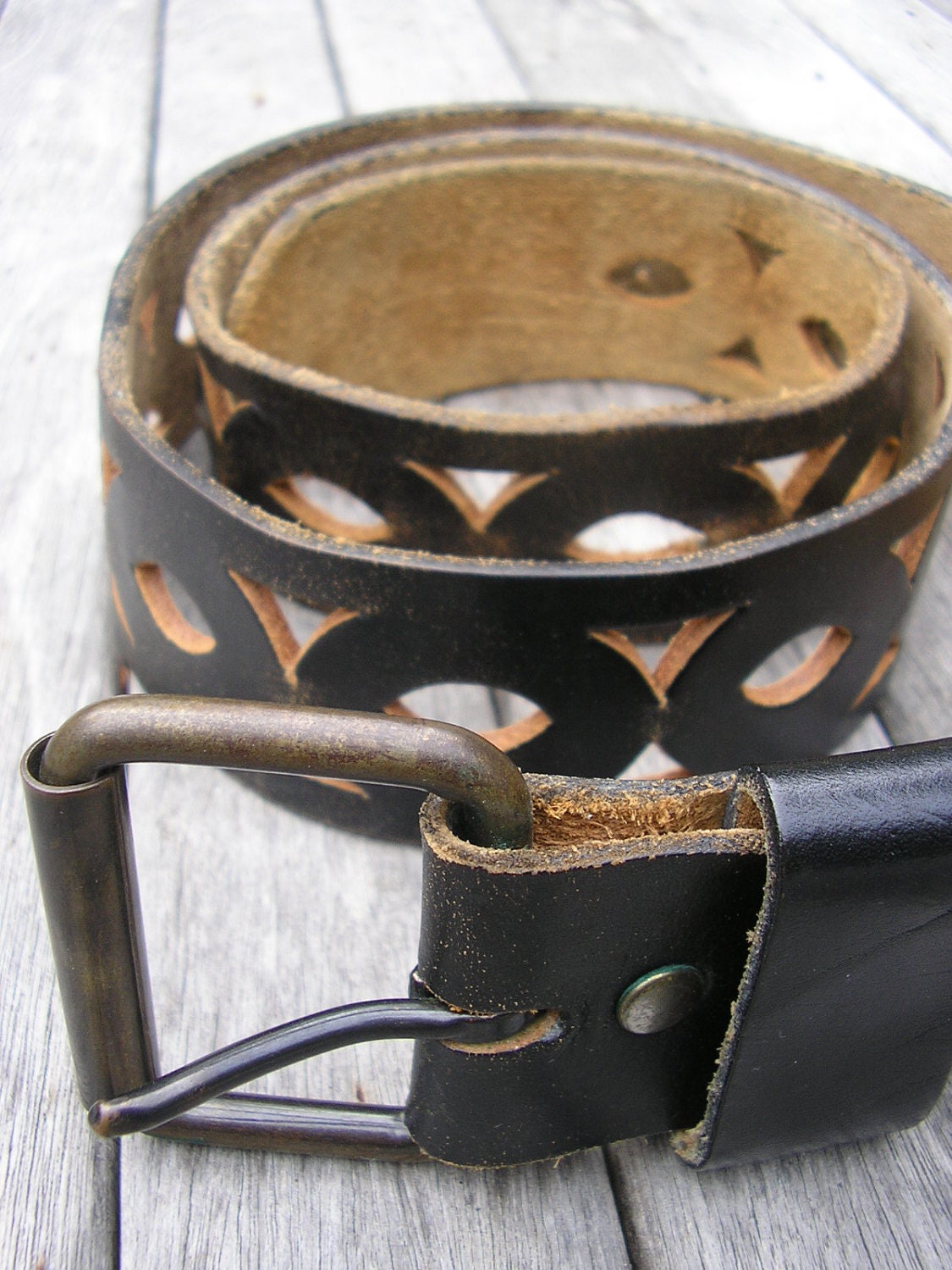 Men's Large Belt - Black Leather - Vintage Belt