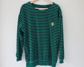 80s vintage women's medium teal and black fuzzy velour pullover, gold nautical embroidered crest, oversized fit, comfortable