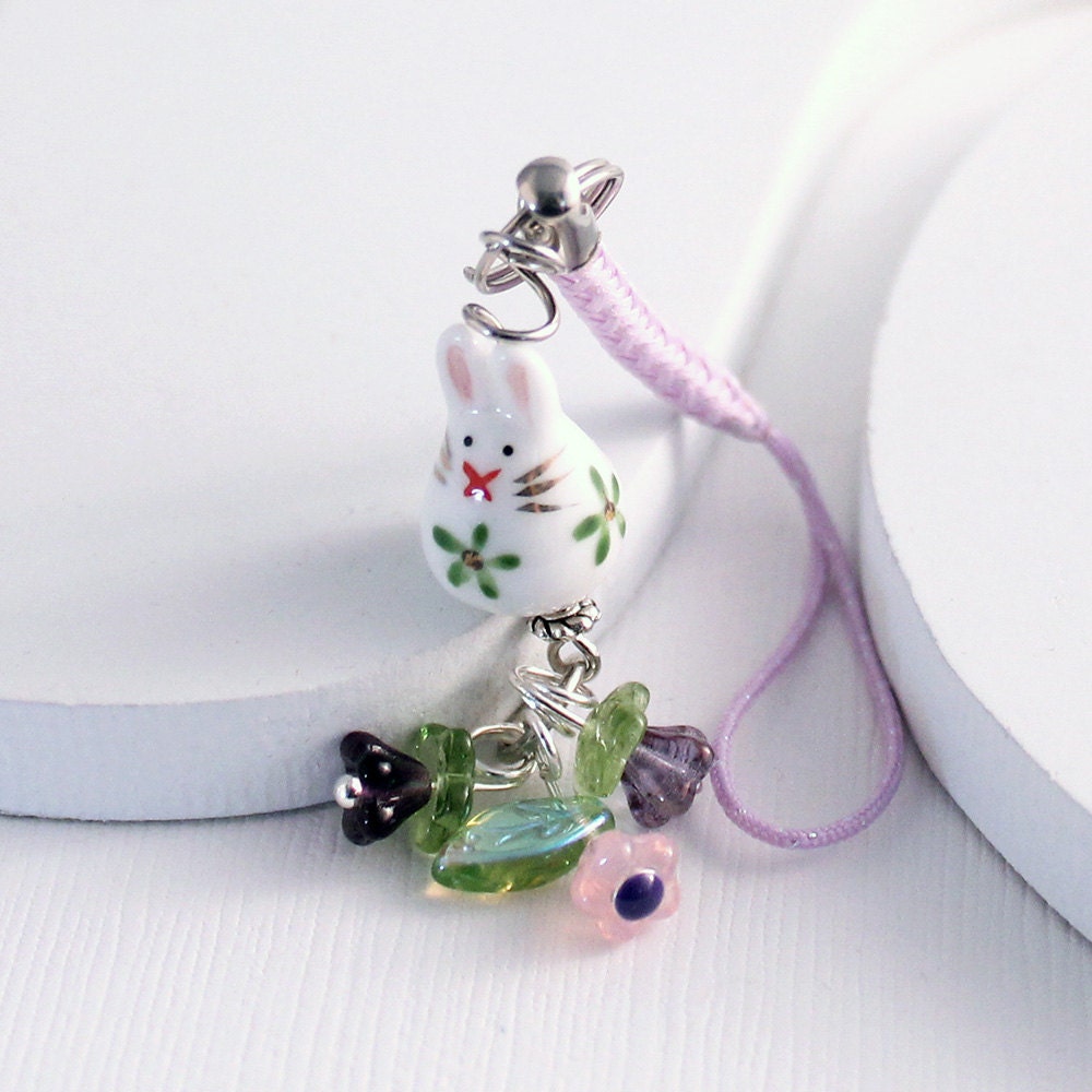 Bead Lanyard - Purple, Bunny, Cute Phone Charm / Purse Charm