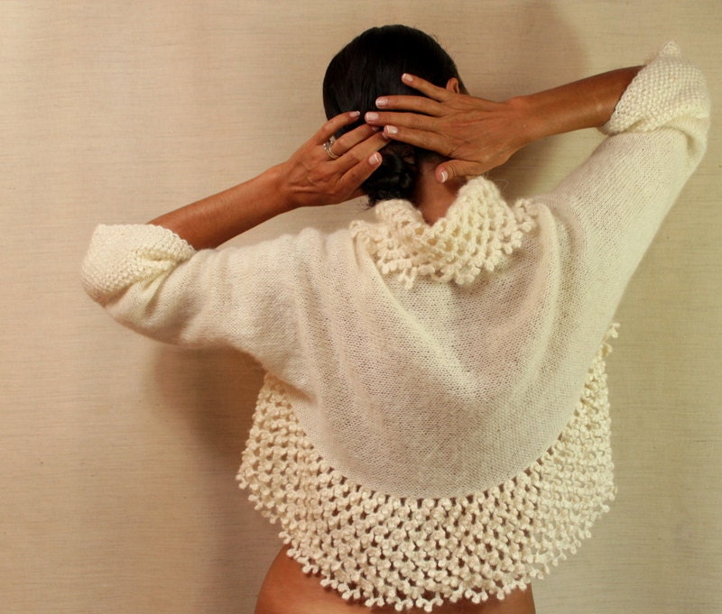 A Woman, A Lover, A Friend -Gold  Ivory Crochet Shrug Knit Bolero 3/4 Sleeve Bolero Jacket Cardigan Wedding Bridal Shrug