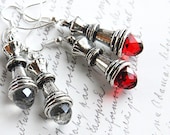 Red Quartz Crystal - Sterling Dangle Earrings - Chess Queen Earrings - Antique Silver - Chess Piece - TAGT