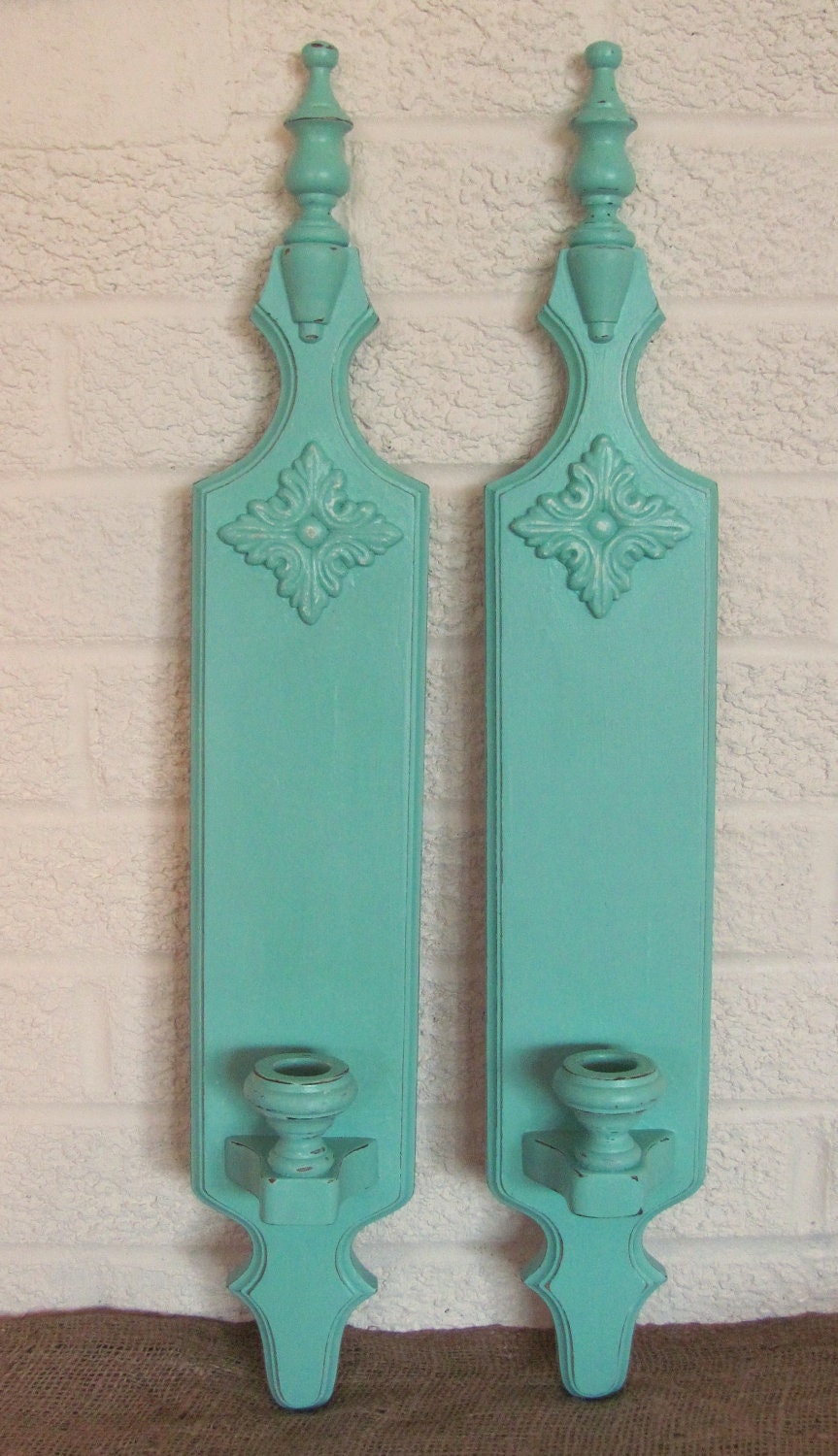 Candle Holders Aquamarine Vintage Wooden Candle Sconces Pair of Beach Glass Green Candle Holders
