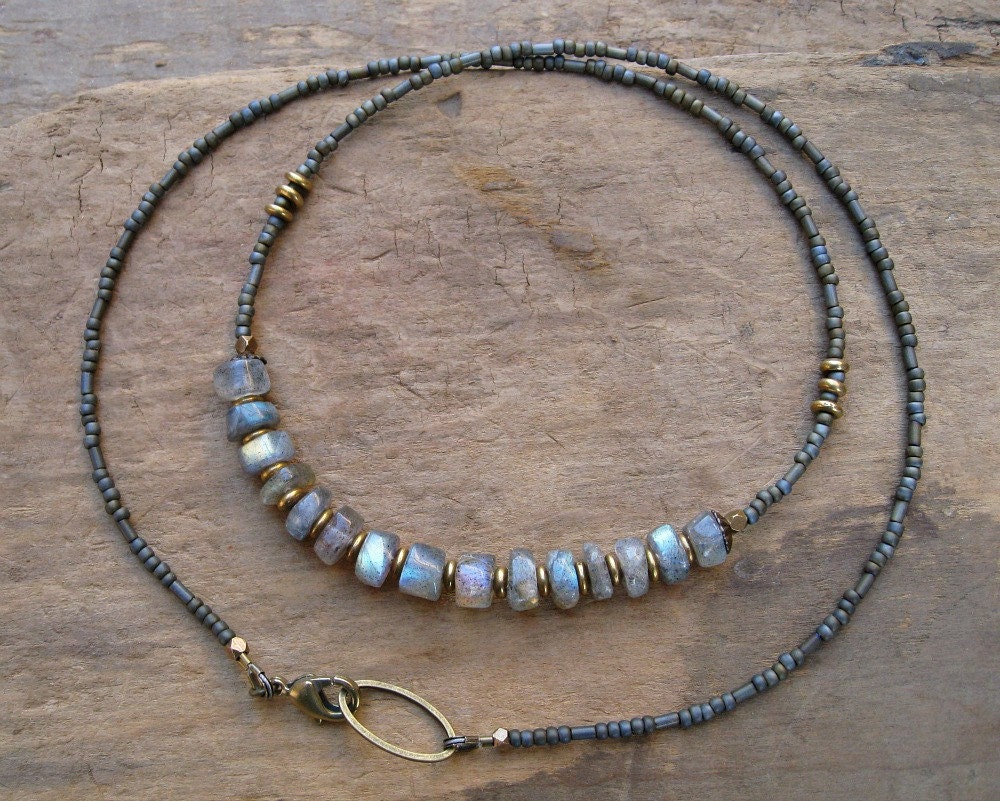 Labradorite Necklace in brass with large labradorite heishi beads and golden brass, simple, earthy flash labradorite jewelry