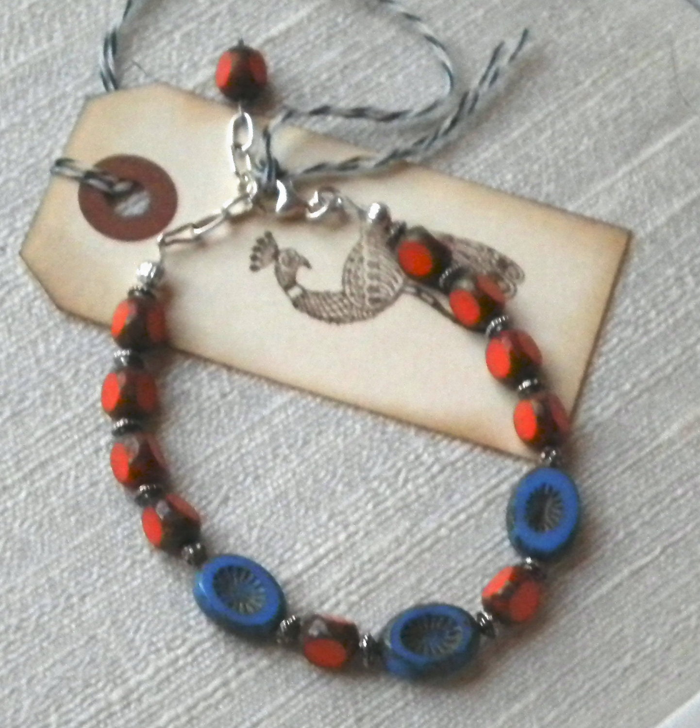 Blue and Orange Czech Glass Bracelet with Silver Spacers