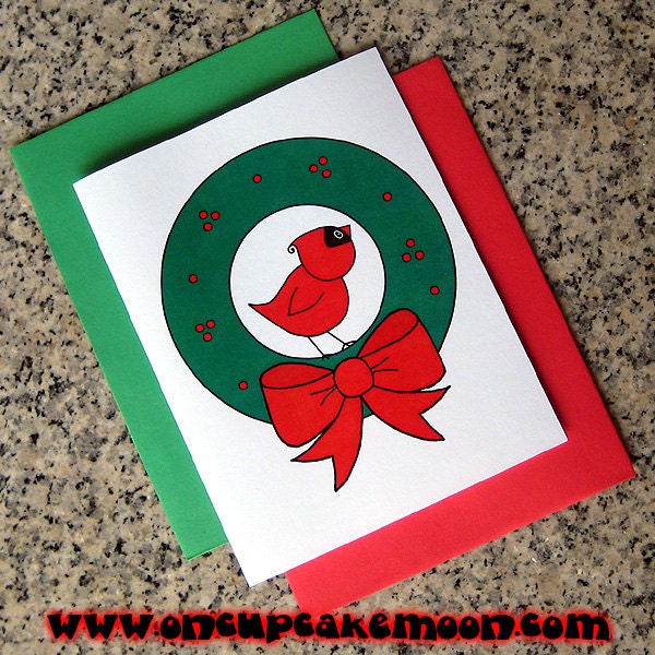 cute cardinal in a wreath holiday christmas cards (blank or custom printed inside) with red or green envelopes - set of 10