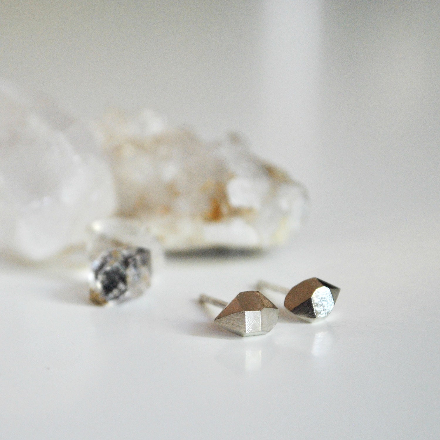 Faceted Rock Stud Earrings in Sterling Silver Geometric Herkimer Diamond Rough Minerals