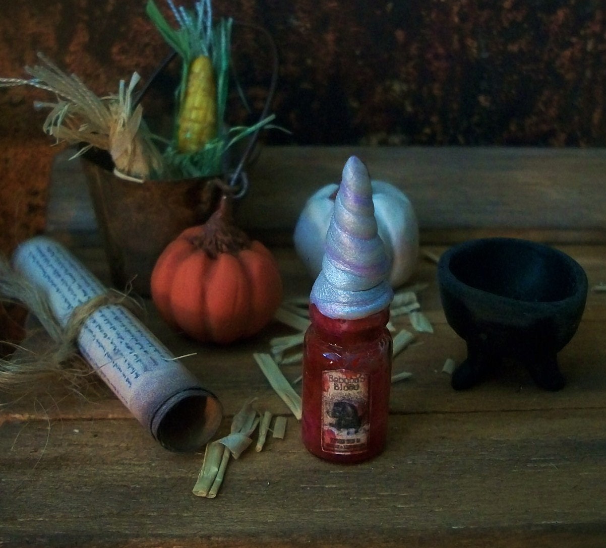 Baboon Blood Magic Potion Essential Ingredient in Miniature Glass Bottle with Unicorn Horn Stopper, 1.75 inches