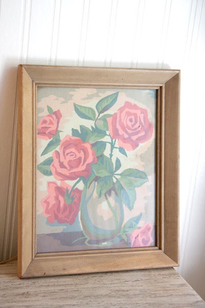 Vintage PBN Cabbage Roses in Vase paint by number framed Shabby Chic Cottage Decor Spring Summer Home Decor