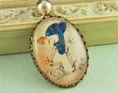 Bronze Vintage Style Illustration Pendant Necklace Woman with Birds