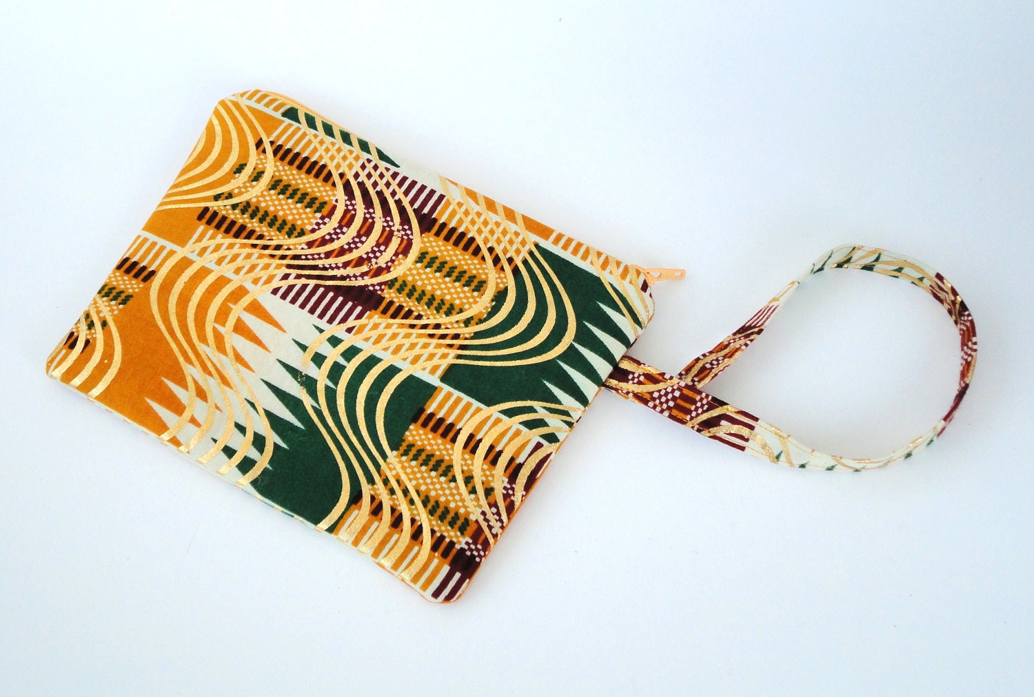 Zippered Pouch Orange Green African Print Gold Swirls and Handy Strap