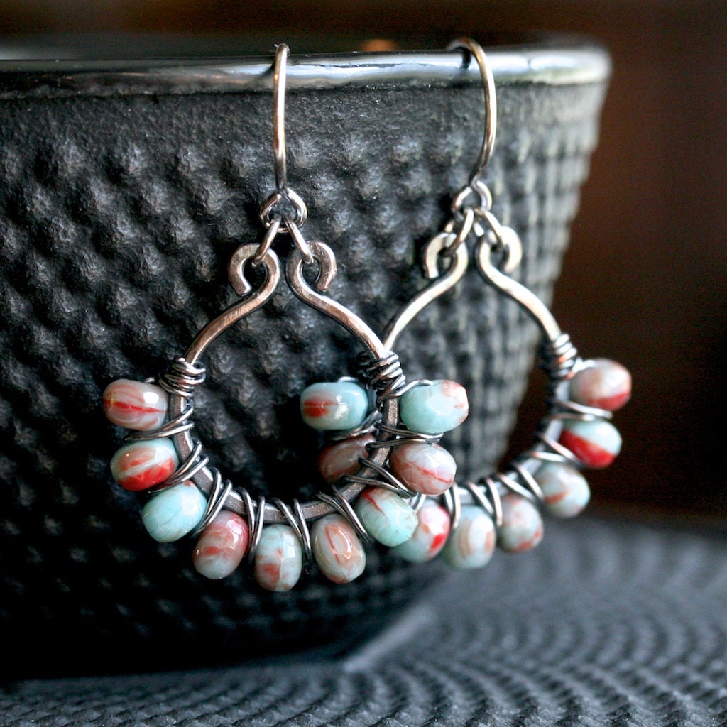 Handmade beaded dangle earrings, blue and red Czech glass, copper earrings, wire wrapped earrings, oxidized
