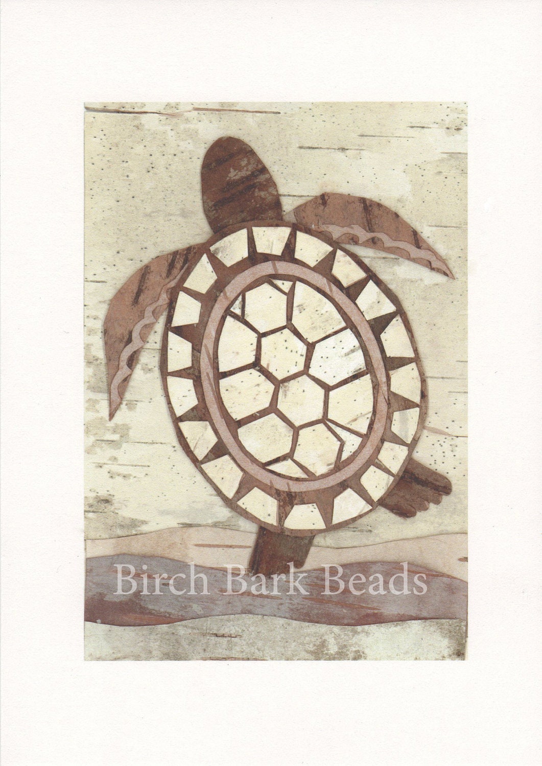 Giclee fine art print of a Sea Turtle.  Original artwork is entirely made of birch bark, 5 x 7" paper, Limited Edition