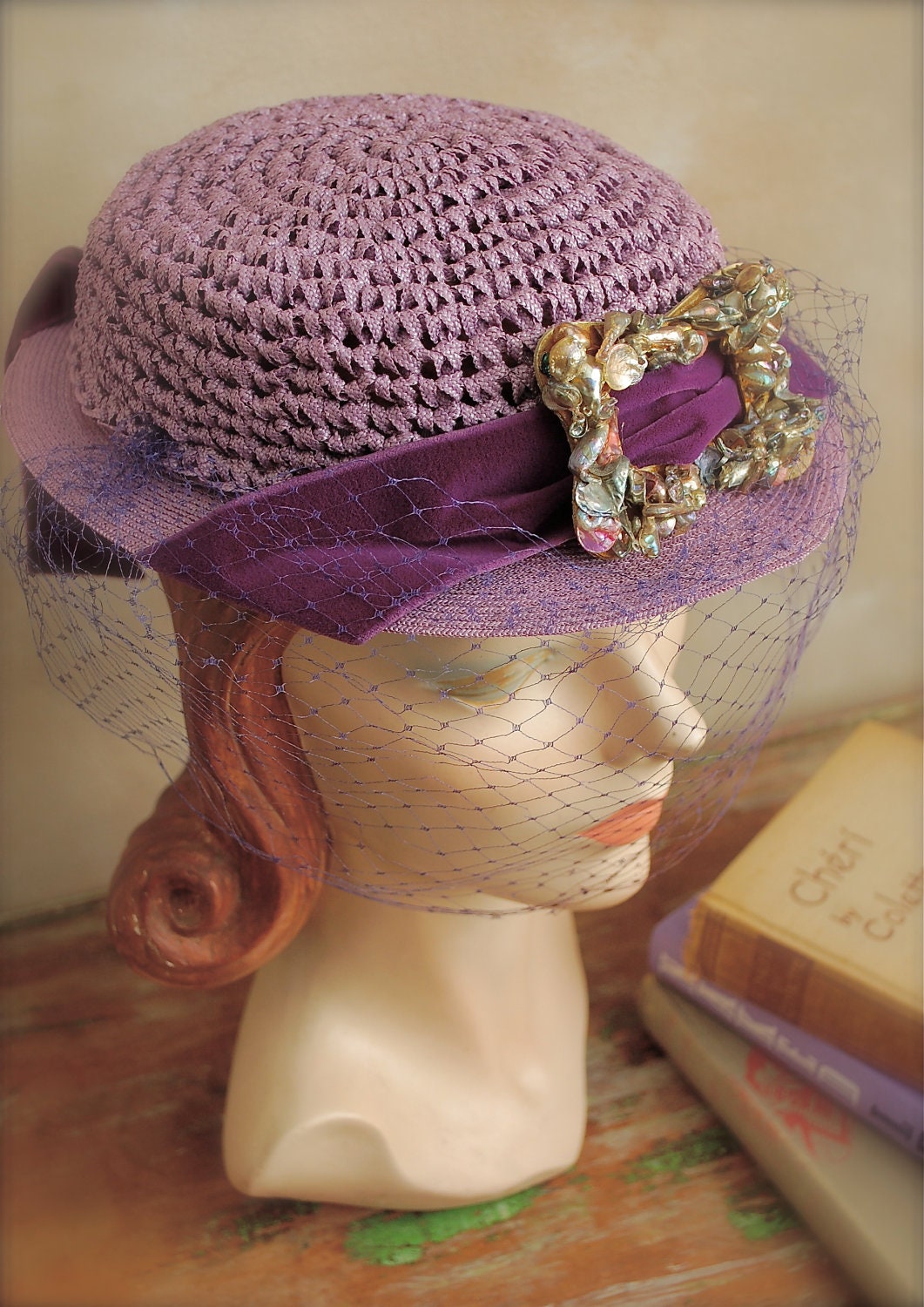 Vintage 40s Tilt Hat - Purple 40s Boater Hat - 40s Veiled Hat