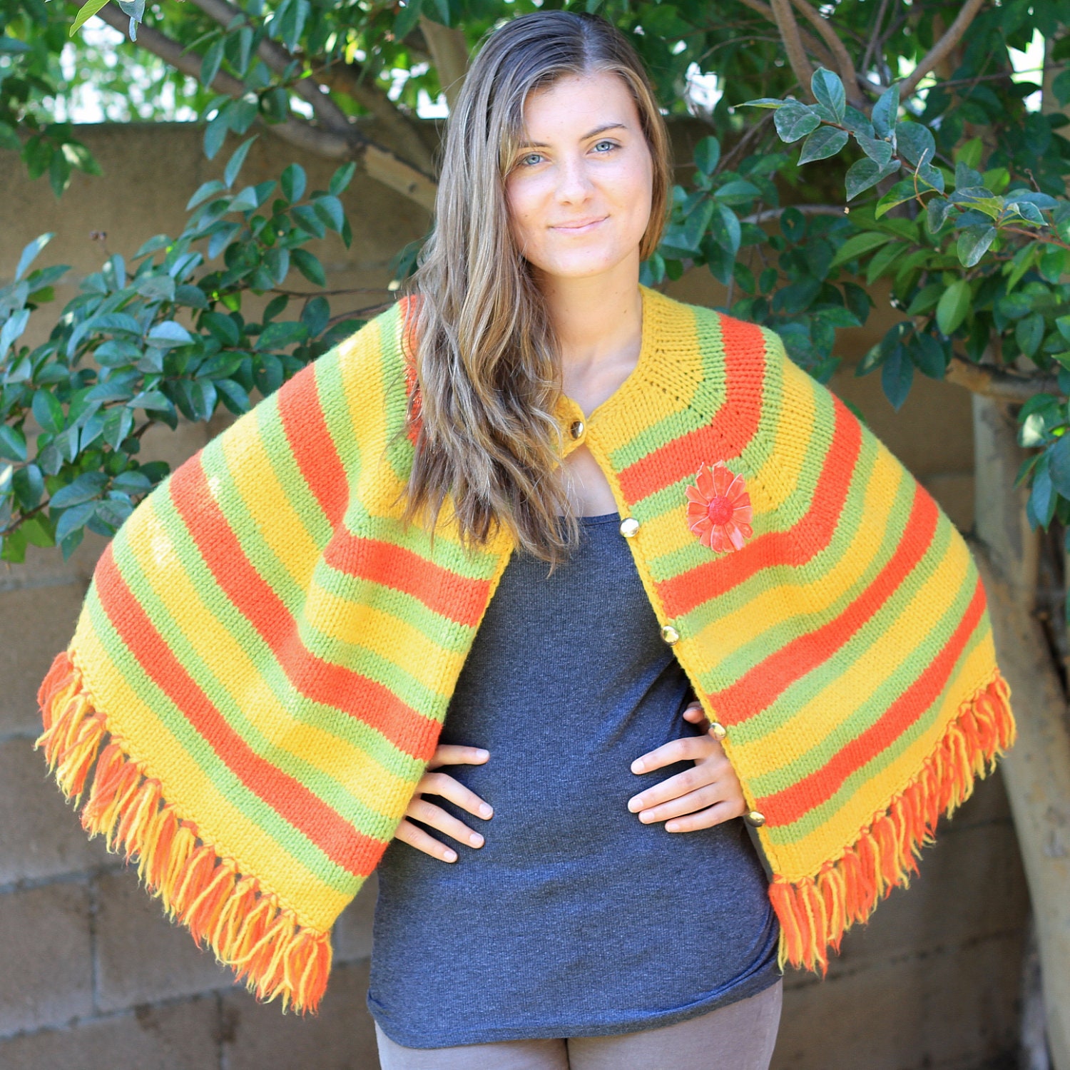 bright striped 60s vintage knit cape poncho - yellow orange green
