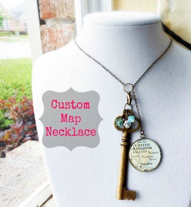 Map Necklace Lariat Style Key Charm Crystals