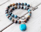 Necklace - Imperial Jasper Necklace with Turquoise Pendant - SunSanJewelry