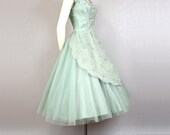 Vintage 1950s Dress Rhinestone Shelf Bust Nipped Waist Celadon Mint Julep, Tulle Full Skirt Party Dress XS