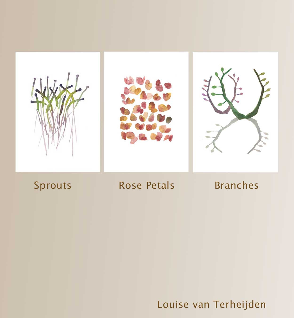 Set of 3 prints giclee Sprouts, Rose Petals, Branches Natural modern Kitchen decor peaceful Wall art spring