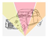 Retro European Car, Mid Century Modern Home Decor - 8x10 Art, Citroen, Colors, Pink, Orange, Green, Yellow, Line Drawing, Car, Mod Nursery