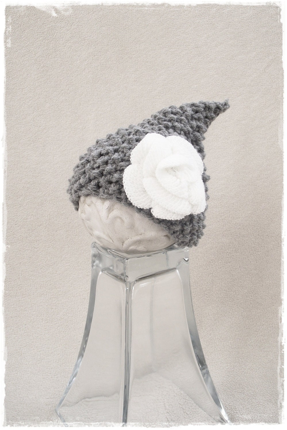 Baby elf hat, Newborn Photo prop,  hand knit cute hat, gray hat, white flower hat, baby girl hat, children fashion europeanstreetteam