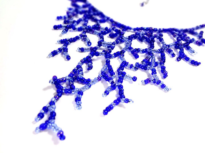 Deep Blue Necklace Beaded with Coral Style Fringe