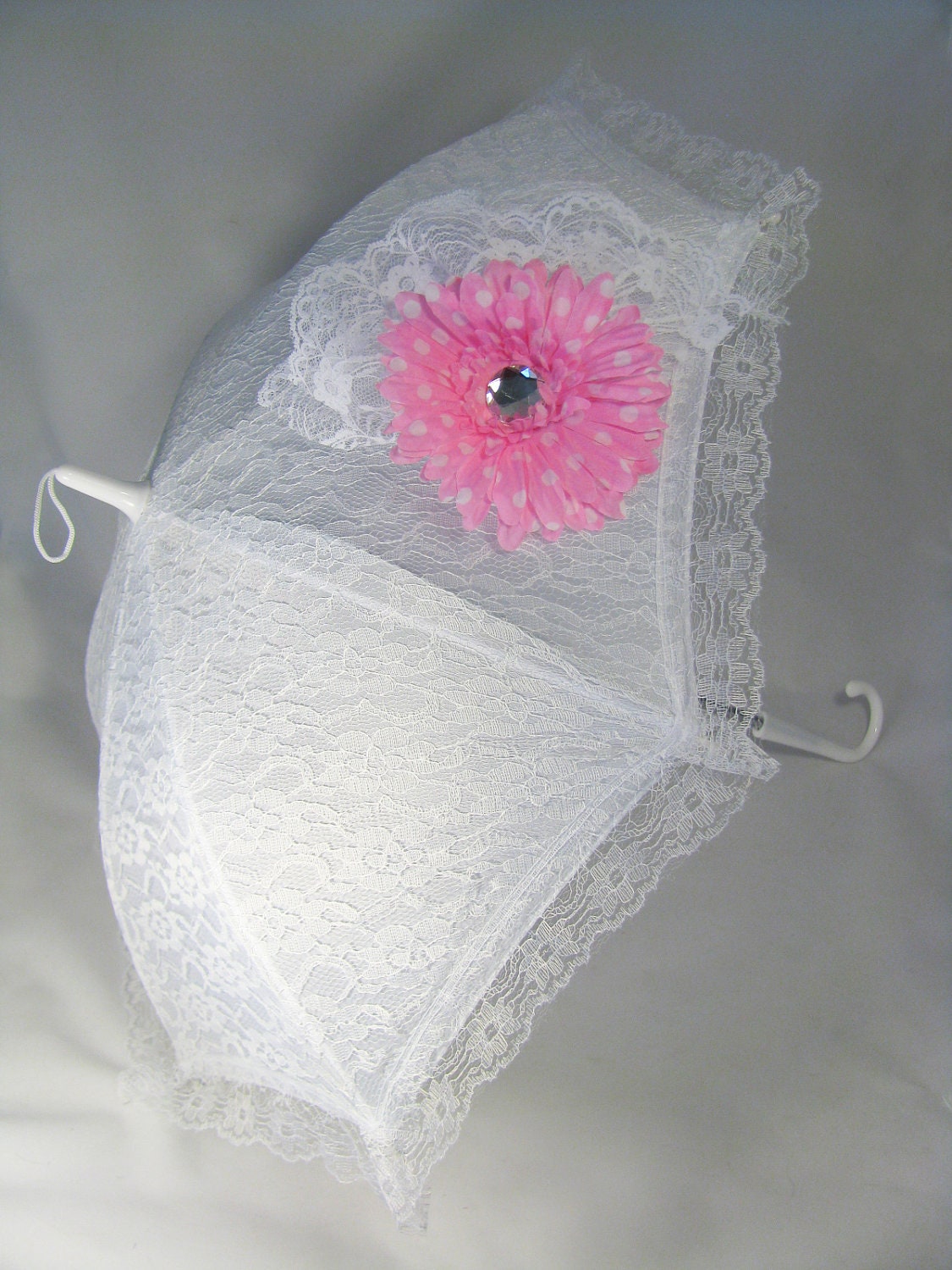 Sun Parasol - Lace Umbrella - Girls White Sun Umbrella with Pink Daisy - Style 60