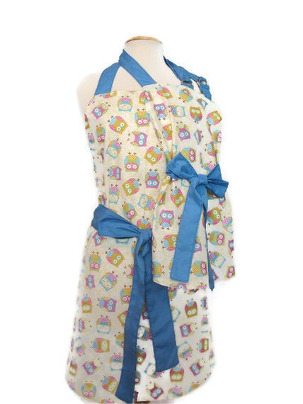 Mommy and Me Retro Apron Set - Mother Daughter Vintage Inspired Cute Owls with Blue Ties for Women and Children