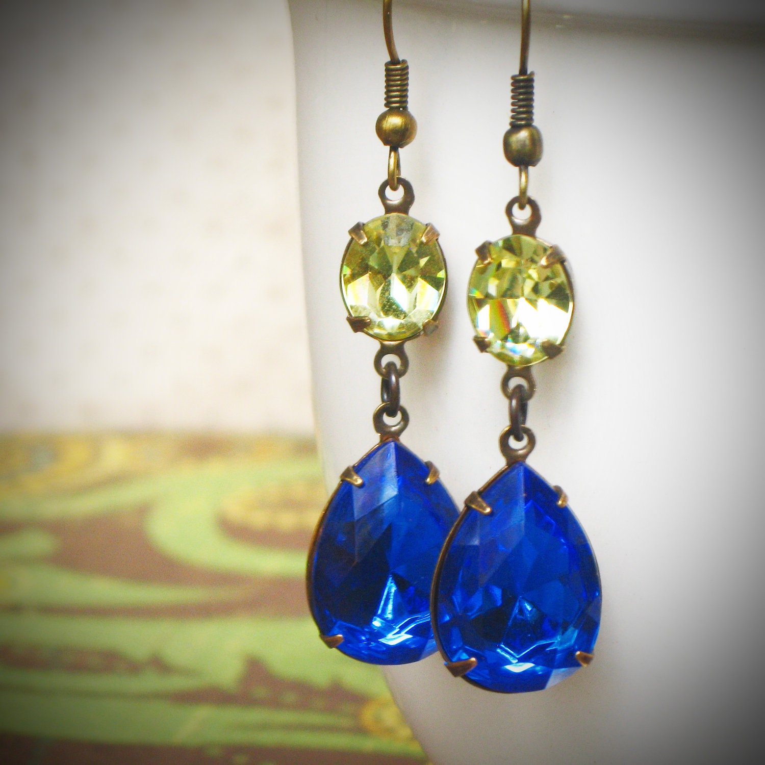 Royal Blue and Yellow Sapphire Dangle Earrings, Cobalt, Pear, Lapis, Rhinestone