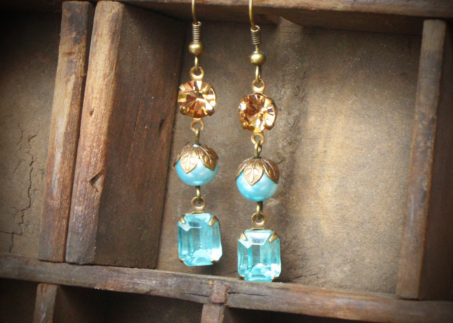 Aqua Pearl and Rhinestone Earrings, Champagne, Topaz, Tiffany Blue